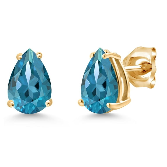 Gem Stone King 14K Yellow Gold London Blue Topaz Double Notch Stud Earrings | 2.84 Cttw | Gemstone November Birthstone | Pear Shape 8X6MM | Gold Earrings for Women Men