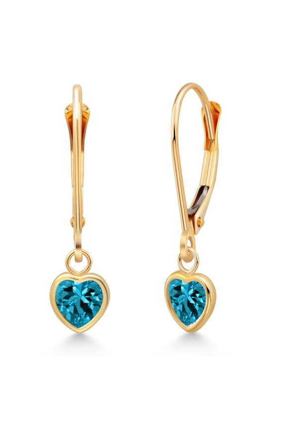 14K Yellow Gold London Blue Topaz Drop Dangle Leverback Earrings for Women (1.10 Cttw, Gemstone November Birthstone, Heart Shape 5MM)