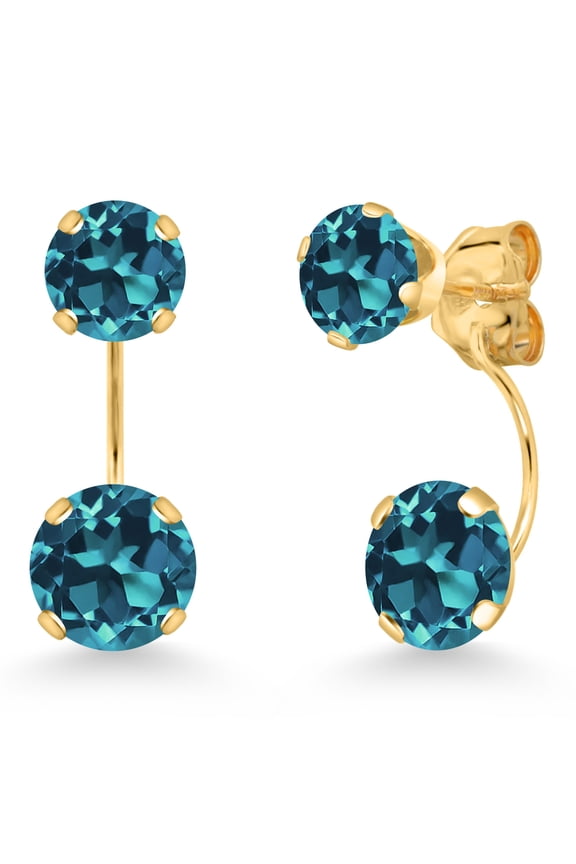 14K Yellow Gold London Blue Topaz Stud Earrings for Women | 3.60 Cttw | Gemstone November Birthstone | Round 6MM