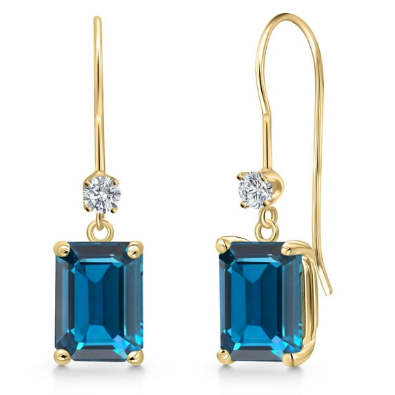 Gem Stone King 14K Yellow Gold London Blue Topaz and Lab Grown Diamond Earrings for Women | 4.10 Cttw | Gemstone November Birthstone | Emerald Cut 8X6MM