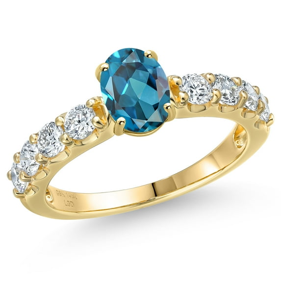 Gem Stone King 14K Yellow Gold London Blue Topaz and Lab Grown Diamond Engagement Ring for Women | 1.88 Cttw | Oval 7X5MM | Gemstone November Birthstone | Size 6