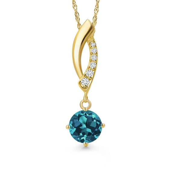 Gem Stone King 14K Yellow Gold London Blue Topaz and Lab Grown Diamond Pendant Necklace for Women | 1.36 Cttw | Gemstone November Birthstone | Round 6.5MM | With 18 inch Chain