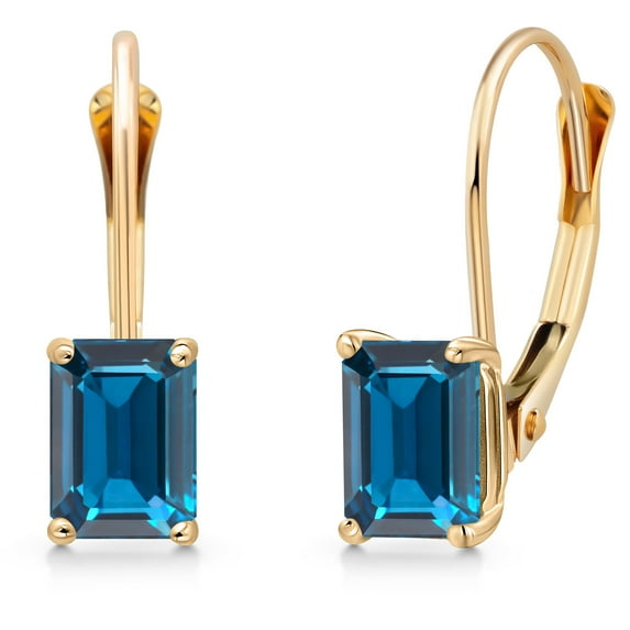 Gem Stone King 14K Yellow Gold London Blue Topaz Leverback Earrings for Women | 1.32 Cttw | Gemstone November Birthstone | Emerald Cut 6X4MM