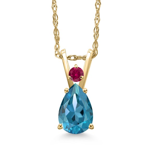 Gem Stone King 14K Yellow Gold London Blue Topaz and Red Created Ruby Pendant Necklace for Women | 0.79 Cttw | Gemstone November Birthstone | Pear Shape 7X5MM | With 18 inch Chain