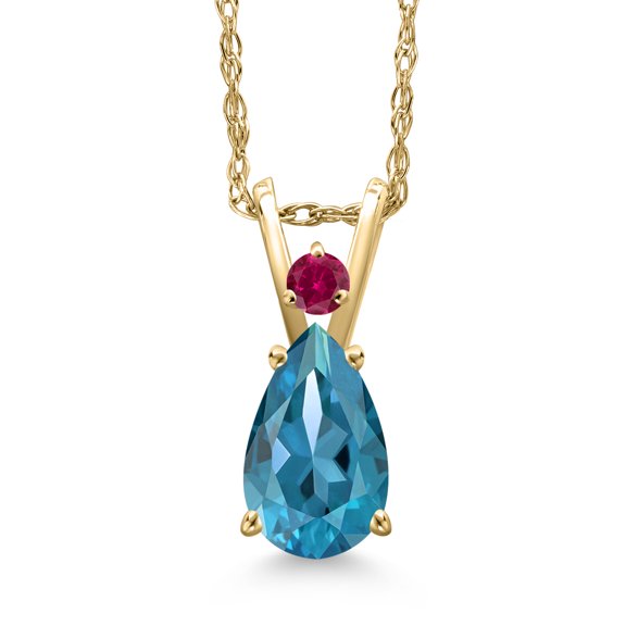Gem Stone King 14K Yellow Gold London Blue Topaz and Red Created Ruby Pendant Necklace for Women | 0.95 Cttw | Gemstone November Birthstone | Pear Shape 8X5MM | With 18 inch Chain