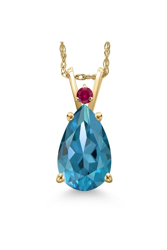 14K Yellow Gold London Blue Topaz and Red Created Ruby Pendant Necklace for Women | 3.40 Cttw | Gemstone November Birthstone | Pear Shape 12X8MM | With 18 inch Chain