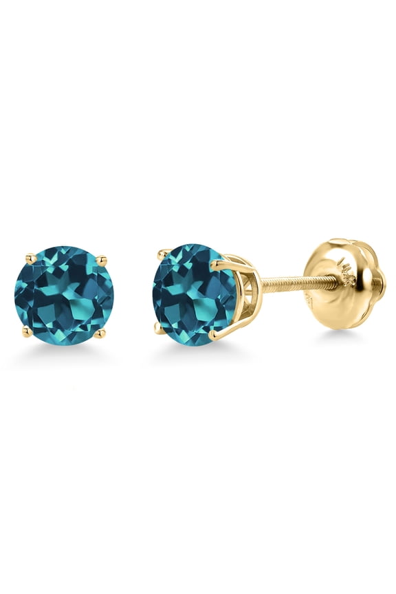 14K Yellow Gold London Blue Topaz Stud Earrings for Women | 3.40 Cttw | Gemstone November Birthstone | Round 7MM
