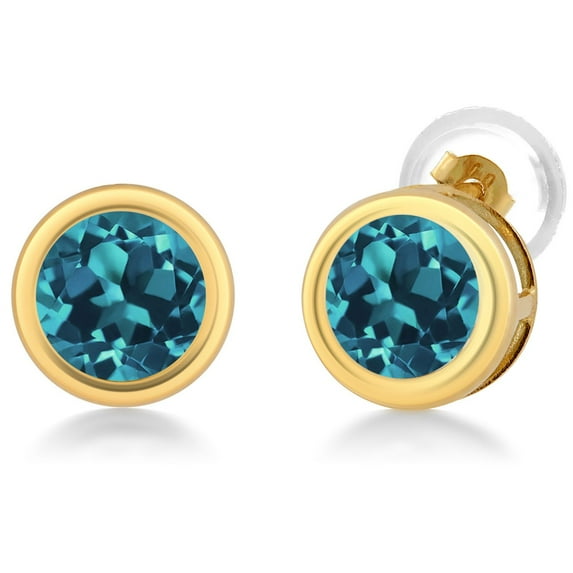 Gem Stone King 14K Yellow Gold London Blue Topaz Stud Earrings for Women Men (1.10 Cttw, Gemstone November Birthstone, Round 5MM)