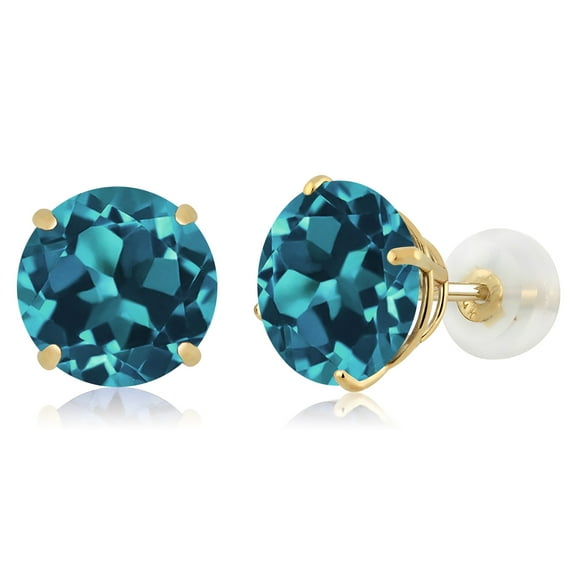 Gem Stone King 14K Yellow Gold London Blue Topaz Stud Earrings for Women Men (5.00 Cttw, Gemstone Birthstone Round 8MM)