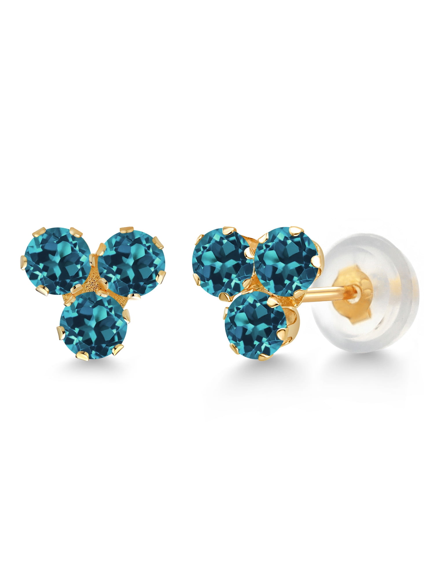 Gem Stone King 14K Yellow Gold London Blue Topaz Trio Three Stone Stud Earrings for Women (0.78 Cttw, Gemstone November Birthstone, Round 3MM)