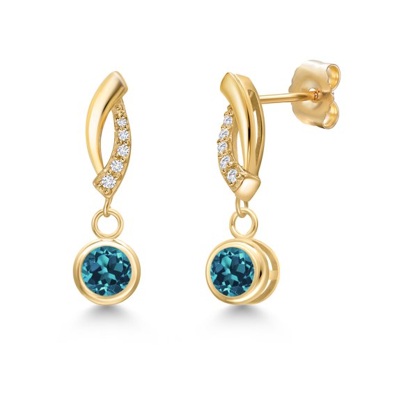 Gem Stone King 14K Yellow Gold London Blue Topaz and Lab Grown Diamond Earrings for Women | 1.45 Cttw | Gemstone November Birthstone | Round 5MM