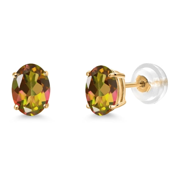 Gem Stone King 14K Yellow Gold Mango Mystic Topaz Stud Basket Setting Earrings for Women Men (1.60 Cttw, Gemstone Birthstone, Oval 7X5MM)
