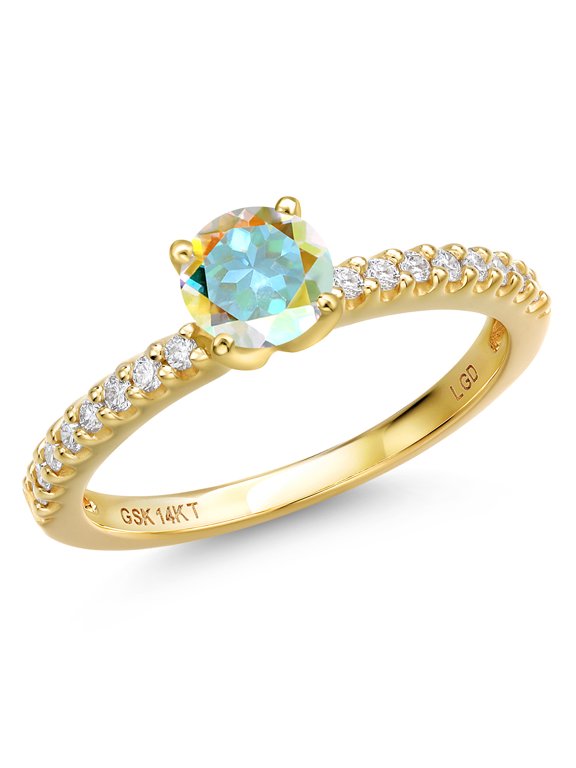 14K Yellow Gold Mercury Mist Mystic Topaz and Lab Grown Diamond Engagement Ring for Women | 0.71 Cttw | Round 5MM | Gemstone November Birthstone | Size 8