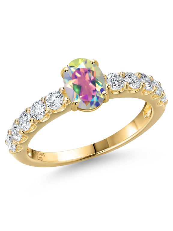 14K Yellow Gold Mercury Mist Mystic Topaz and Lab Grown Diamond Engagement Ring for Women | 1.65 Cttw | Oval 7X5MM | Gemstone November Birthstone | Size 9