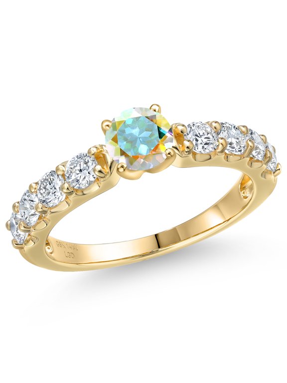 14K Yellow Gold Mercury Mist Mystic Topaz and Lab Grown Diamond Engagement Ring for Women | 1.43 Cttw | Round 5MM | Gemstone November Birthstone | Size 6