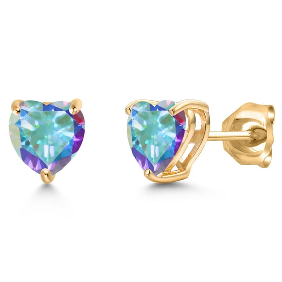 Gem Stone King 14K Yellow Gold Mercury Mist Mystic Topaz Stud Earrings for Women Men | 2.00 Cttw | Gemstone November Birthstone | Heart Shape 6MM