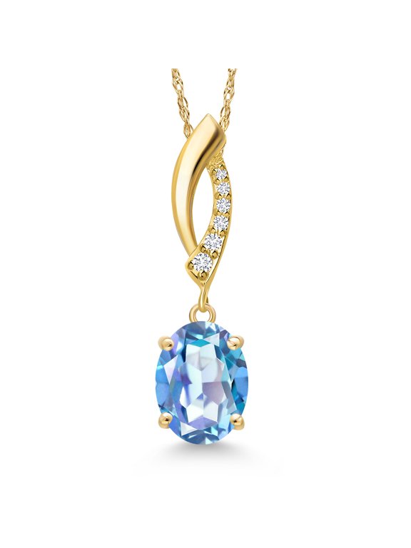 14K Yellow Gold Millennium Blue Mystic Quartz and Lab Grown Diamond Pendant Necklace for Women | 1.83 Cttw | Gemstone Birthstone | Oval 9X7MM | With 18 inch Chain