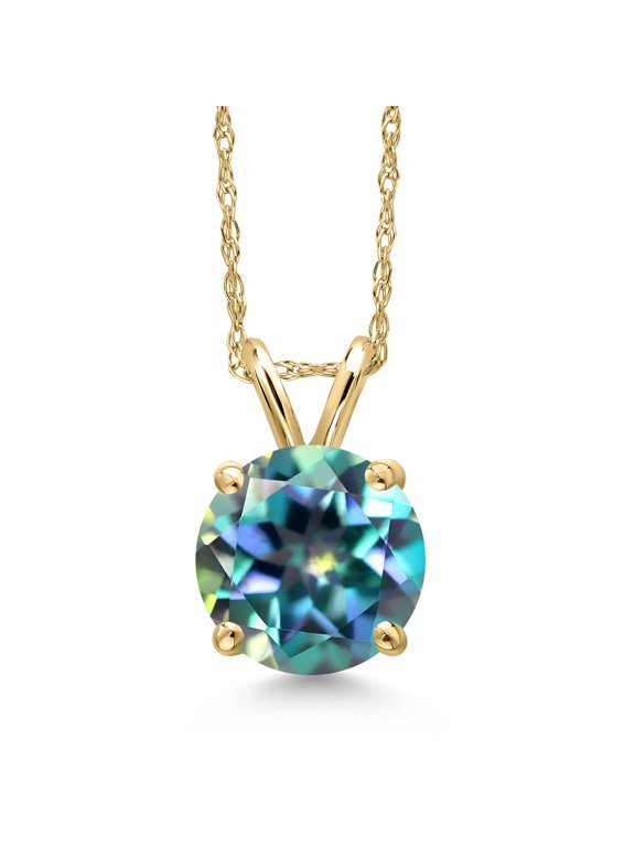14K Yellow Gold Millennium Blue Mystic Topaz Pendant Necklace for Women | 2.00 Cttw | Gemstone November Birthstone | Round 8MM | With 18 inch Chain