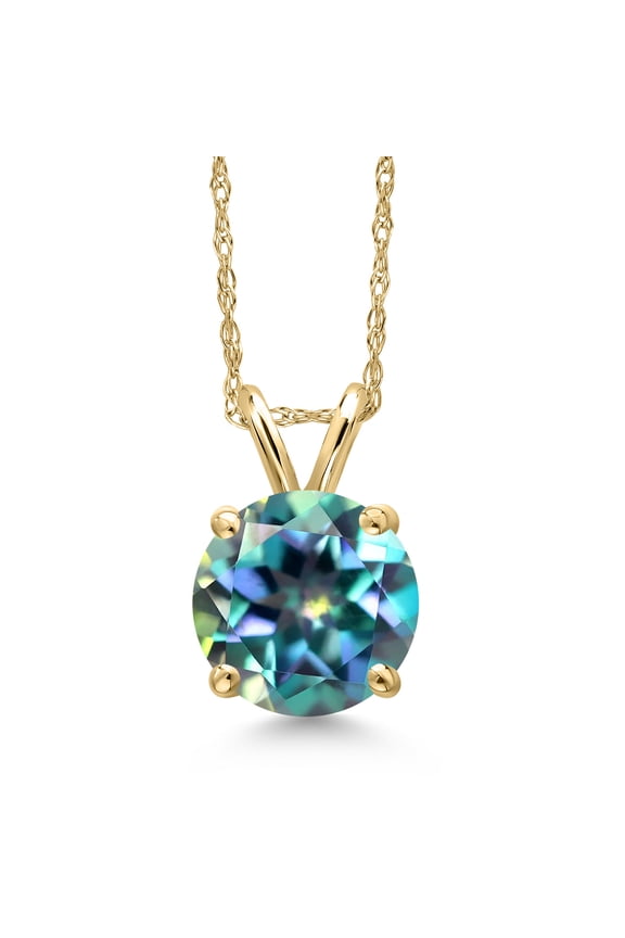 14K Yellow Gold Millennium Blue Mystic Topaz Pendant Necklace for Women | 2.00 Cttw | Gemstone November Birthstone | Round 8MM | With 18 inch Chain