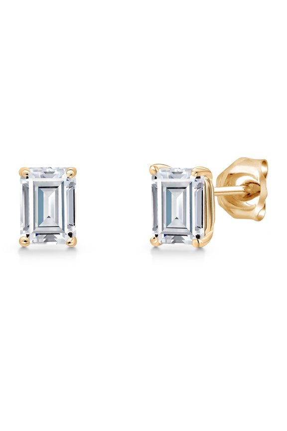 14K Yellow Gold Moissanite Stud Basket Setting Earrings for Women Men |1.16 Ctt |Gemstone Birthstone| Emerald Cut 6X4MM |Double Notch|Gold Earrings for Women Men