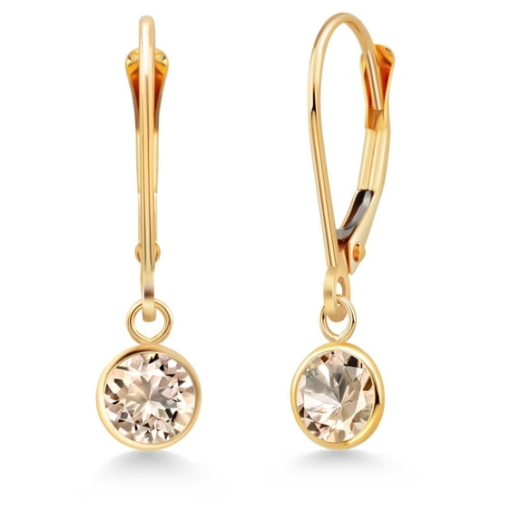 Gem Stone King 14K Yellow Gold Morganite Peach Drop Dangle Earring for Women with Leverback (0.80 Cttw, Gemstone Birthstone, Round 5MM)