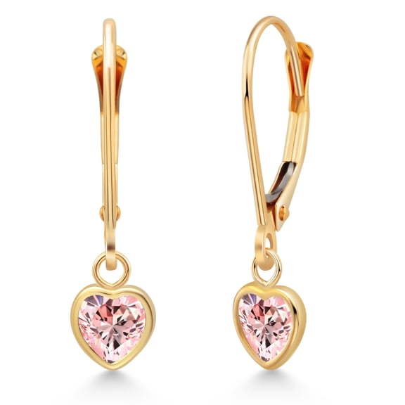 Gem Stone King 14K Yellow Gold Morganite Peach Zirconia Drop Dangle Leverback Earrings for Women (0.88 Cttw, Gemstone, Heart Shape 5MM)