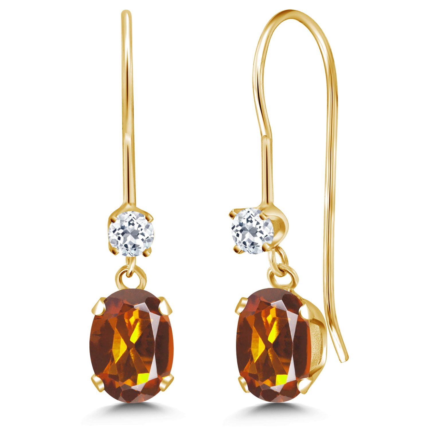 Gem Stone King 14K Yellow Gold Orange Red Madeira Citrine and White Topaz French Wire Dangle Earrings for Women (0.96 Cttw, Gemstone Birthstone, Oval 6X4MM and Round 2.5MM)