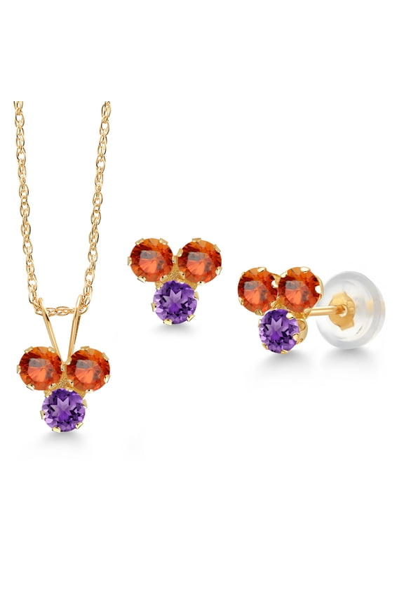 14K Yellow Gold Orange Sapphire and Purple Amethyst 3 Stone Pendant and Earrings Jewelry Set for Women (1.27 Cttw, Round 3MM, with 18 inch Chain)