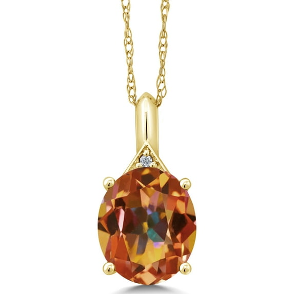 Gem Stone King 14K Yellow Gold Oval Ecstasy Mystic Topaz and White Diamond Pendant Necklace for Women (5.02 Cttw, with 18 inch Chain)