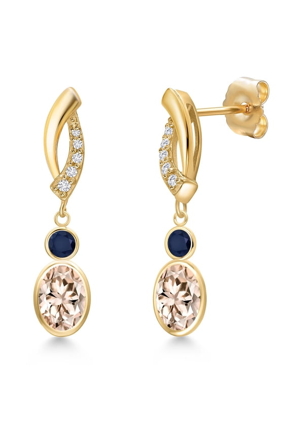14K Yellow Gold Peach Morganite and Blue Sapphire and Lab Grown Diamond Dangle Earrings for Women | 1.70 Cttw | Gemstone October Birthstone | Oval 7X5MM