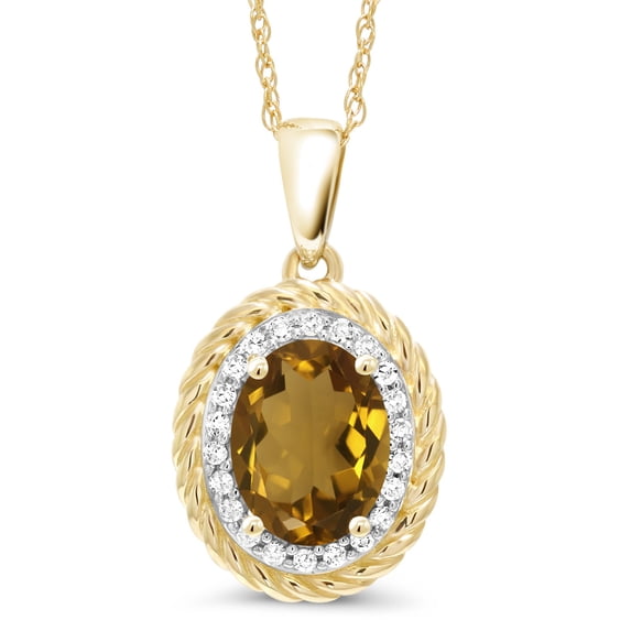 Gem Stone King 14K Yellow Gold Pendant 1.15 Ct Oval Whiskey Quartz White Diamond