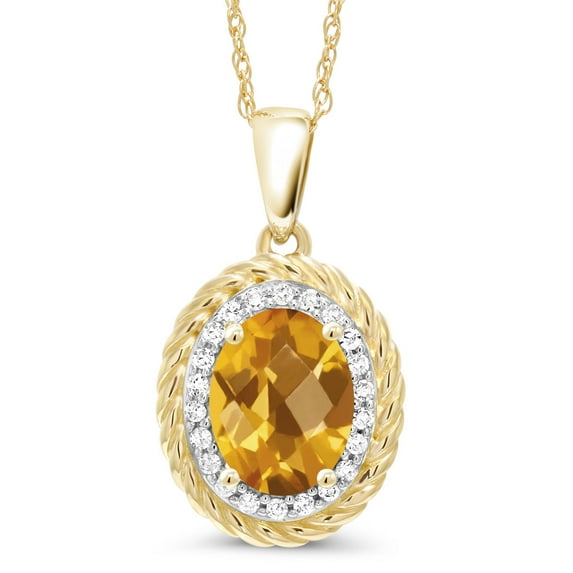Gem Stone King 14K Yellow Gold Pendant 1.40 Ct Oval Checkerboard Yellow Citrine White Diamond