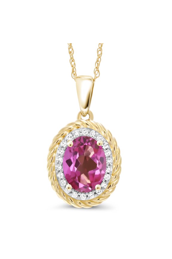 14K Yellow Gold Pendant 1.45 Ct Oval Pink Mystic Topaz White Diamond