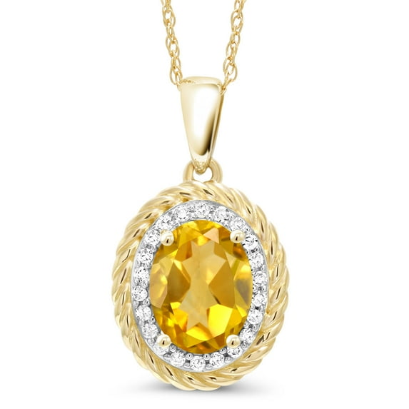 Gem Stone King 14K Yellow Gold Pendant 1.45 Ct Oval Yellow Citrine White Diamond