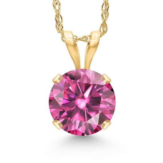 Gem Stone King 14K Yellow Gold Pink Moissanite Pendant Necklace for Women | 0.80 Cttw | Gemstone Birthstone | Round 6MM | With 18 inch Chain