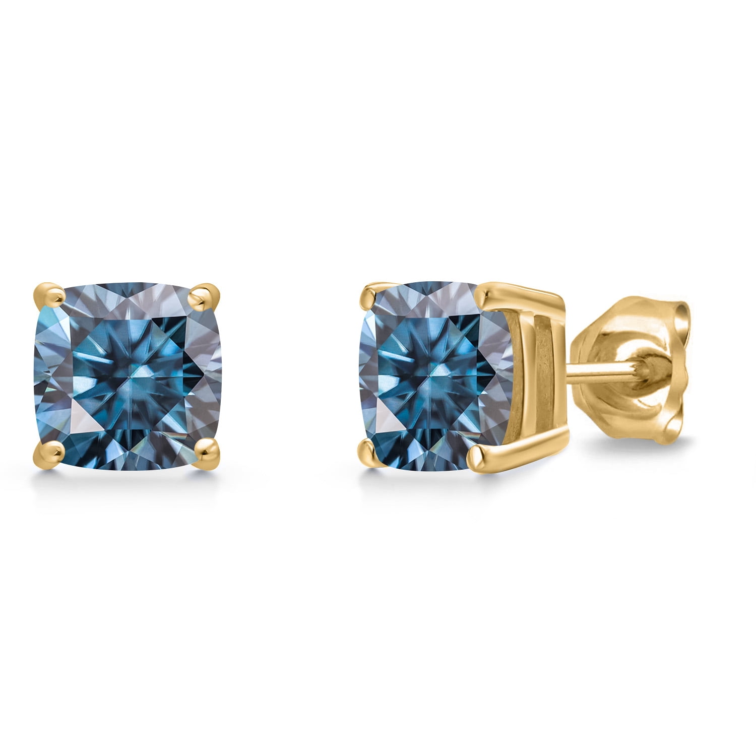 Gem Stone King 14K Yellow Gold Persian Blue Moissanite Double Notch Stud Earrings | 2.00 Cttw | Gemstone Birthstone | Cushion 6MM | Gold Earrings for Women Men
