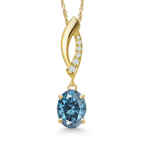 Gem Stone King 14K Yellow Gold Persian Blue Moissanite and Lab Grown Diamond Pendant Necklace for Women | 1.41 Cttw | Gemstone Birthstone | Oval 8X6MM | With 18 inch Chain