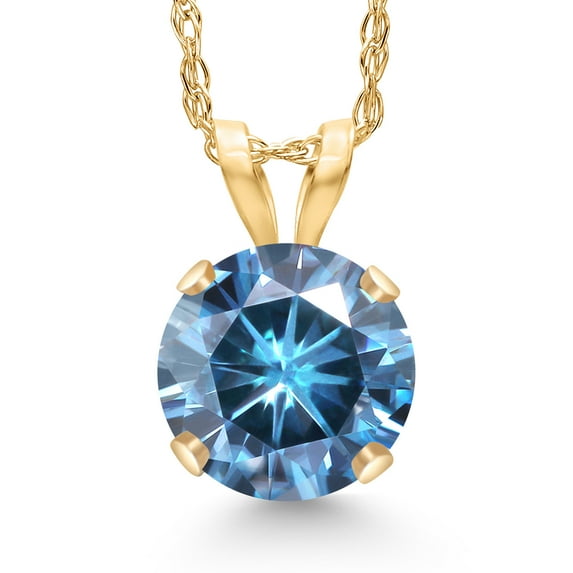 Gem Stone King 14K Yellow Gold Persian Blue Moissanite Pendant Necklace for Women | 0.80 Cttw | Gemstone Birthstone | Round 6MM | With 18 inch Chain