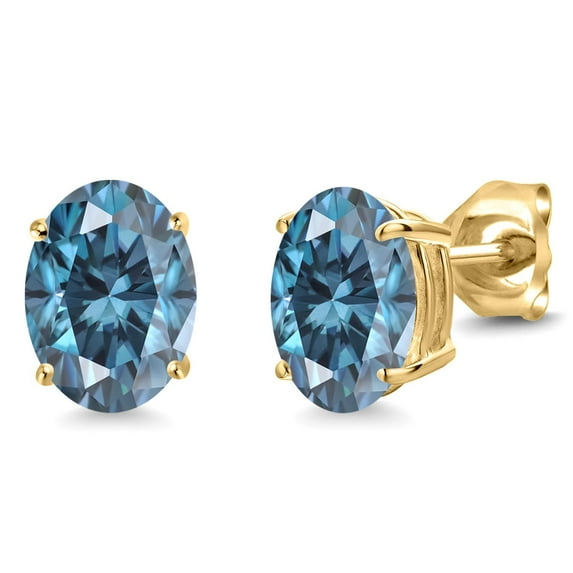 Gem Stone King 14K Yellow Gold Persian Blue Moissanite Stud Earrings for Women Men (2.76 Cttw, Gemstone December Birthstone, Oval 8X6MM)