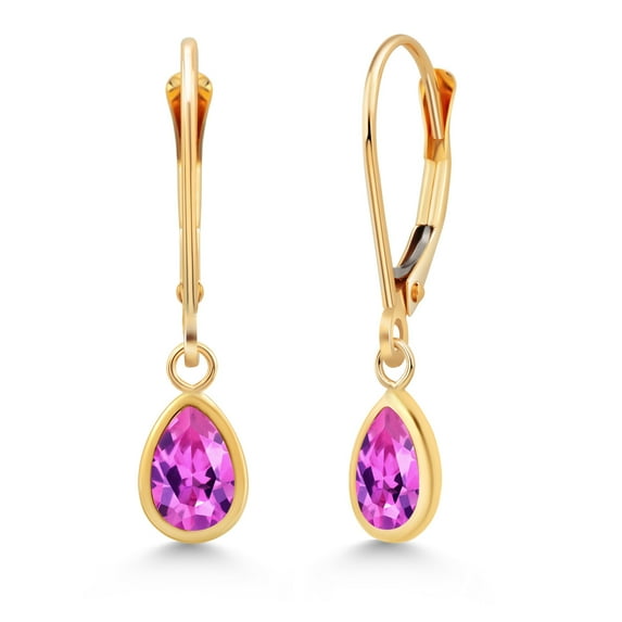 Gem Stone King 14K Yellow Gold Pink Created Sapphire Drop Dangle Earrings for Women (2.00 Cttw, Gemstone September Birthstone, Pear Shape 7X5MM)