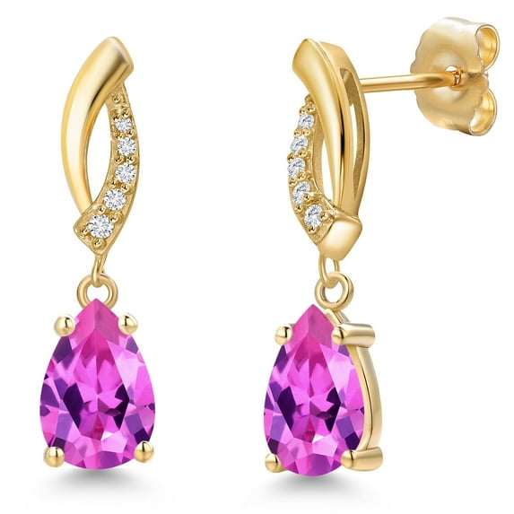 Gem Stone King 14K Yellow Gold Pink Created Sapphire and Lab Grown Diamond Earrings for Women | 2.01 Cttw | Gemstone September Birthstone | Pear Shape 8X5MM