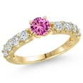 thumbnail image 1 of Gem Stone King 14K Yellow Gold Pink Created Sapphire and Lab Grown Diamond Engagement Ring for Women | 1.43 Cttw | Round 5MM | Gemstone September Birthstone | Size 5, 1 of 6