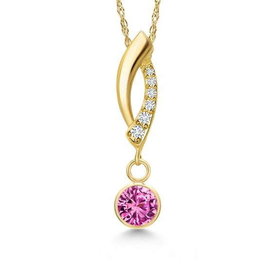 Gem Stone King 14K Yellow Gold Pink Created Sapphire and Lab Grown Diamond Pendant Necklace for Women | 0.58 Cttw | Gemstone September Birthstone | Round 5MM | With 18 inch Chain
