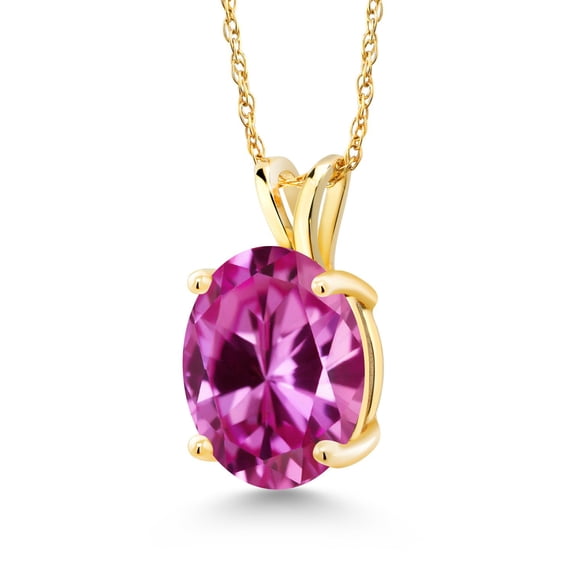 Gem Stone King 14K Yellow Gold Pink Created Sapphire Pendant Necklace for Women (4.50 Cttw, Gemstone September Birthstone, Oval 11X9MM, With 18 inch Chain)