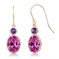 thumbnail image 1 of Gem Stone King 14K Yellow Gold Pink Created Sapphire and Purple Amethyst Hook French Fish Ear Wire Dangle Earrings for Women (3.50 Cttw, Gemstone September Birthstone, Oval 8X6MM, Round 3MM), 1 of 3