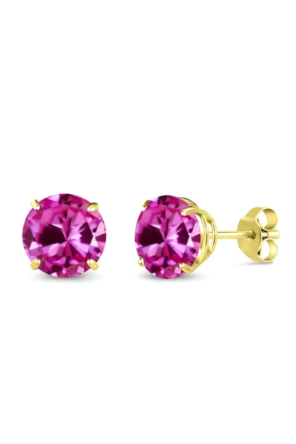 14K Yellow Gold Pink Created Sapphire Stud Earrings for Women Men (3.32 Cttw, Gemstone September Birthstone, Round 7MM)