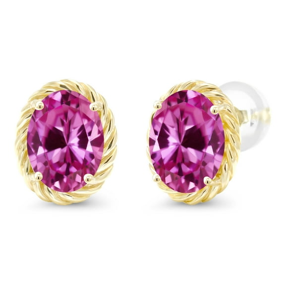 Gem Stone King 14K Yellow Gold Pink Created Sapphire Twist Stud Earrings for Women Men (3.30 Cttw, Oval 8X6MM)