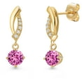 thumbnail image 1 of Gem Stone King 14K Yellow Gold Pink Created Sapphire and Lab Grown Diamond Earrings for Women | 1.15 Cttw | Gemstone September Birthstone | Round 5MM, 1 of 6