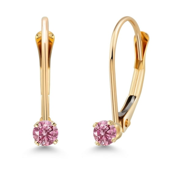 Gem Stone King 14K Yellow Gold Pink Lab Grown Diamond Drop Dangle Earring for Women with Leverback (0.12 Cttw, Gemstone Birthstone, Round 2.5MM)