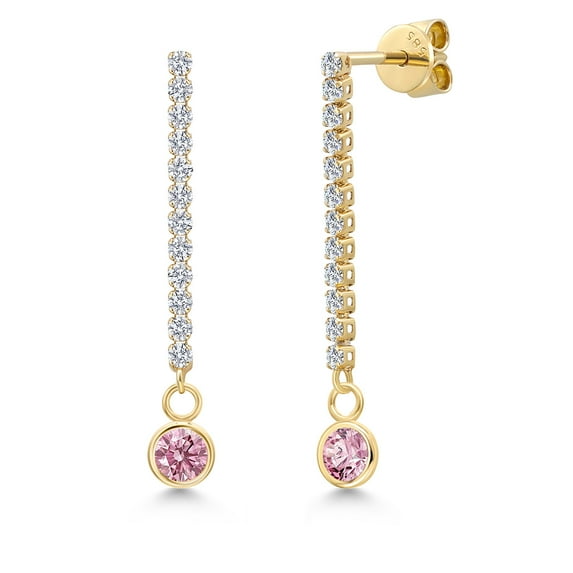 Gem Stone King 14K Yellow Gold Pink and White Lab Grown Diamond Earrings for Women | 0.86 Cttw | Gemstone April Birthstone | Round 4MM